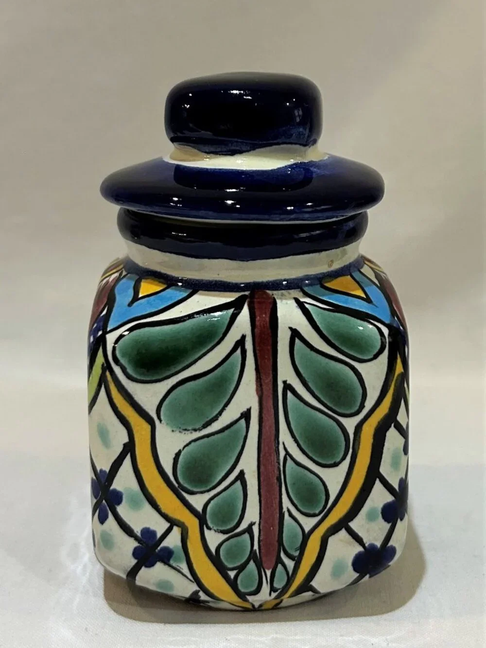 Mexican Pottery Talavera Handmade Painted Colorful Floral Lidded Spice Jar